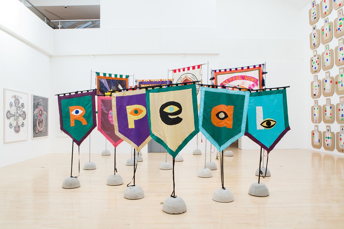 'Artists' Campaign to Repeal the Eighth Amendment', Bannerettes: 'R-E-P-E-A-L' 2017. Installation view, At The Gates, 2018. Image courtesy Talbot Rice Gallery, The University of Edinburgh.