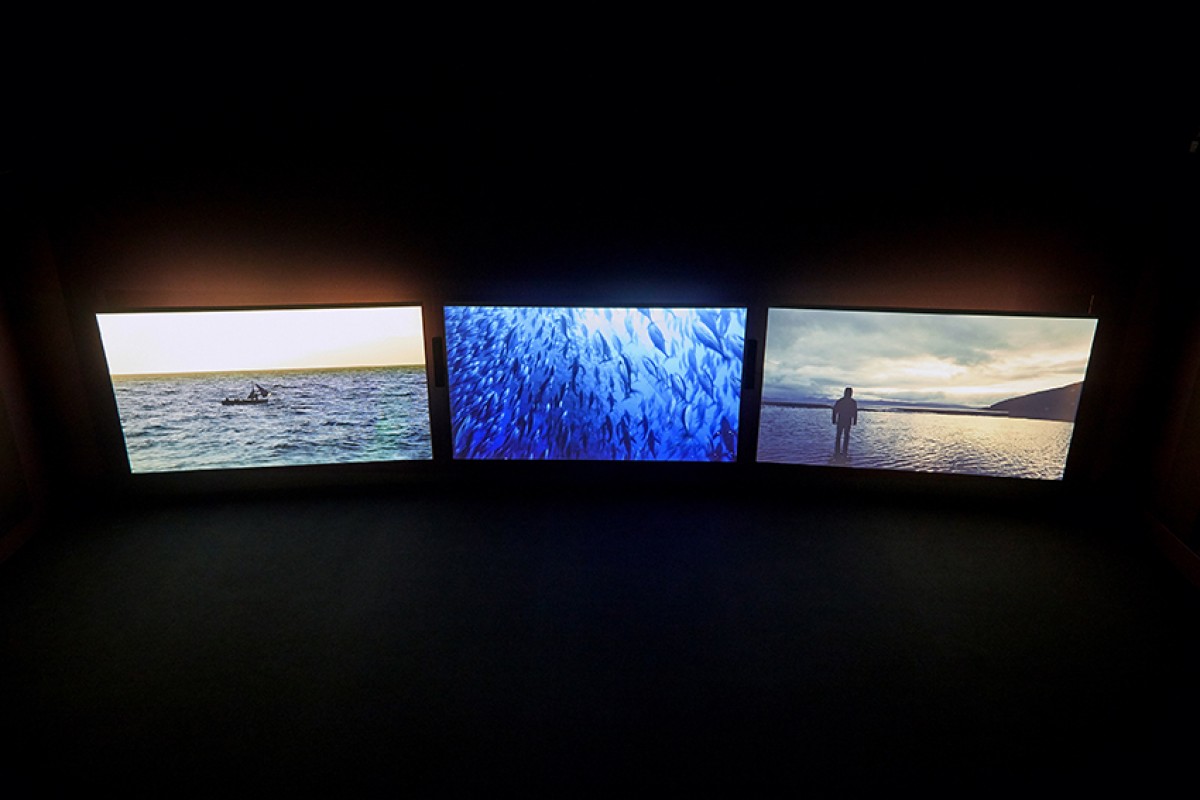 John Akomfrah, ‘At the Graveside of Tarkovsky’ 2012 - 2017. 20 minutes (looped). Mixed media installation with 16 channel ambisonic sound and single channel HD colour video. Installation view, Vertigo Sea, 2017. Image courtesy Talbot Rice Gallery, The University of Edinburgh.