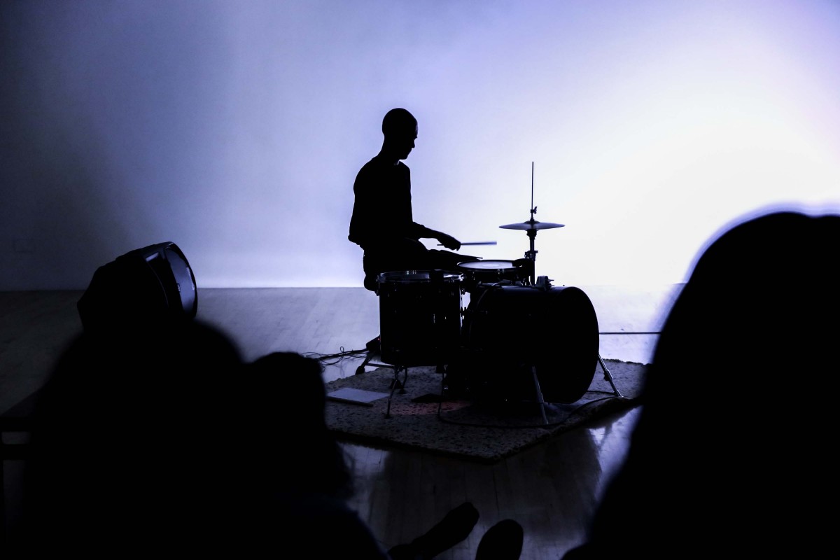 Paul Abbot drumming at his live performance at the Talbot Rice Gallery, The University of Edinburgh.