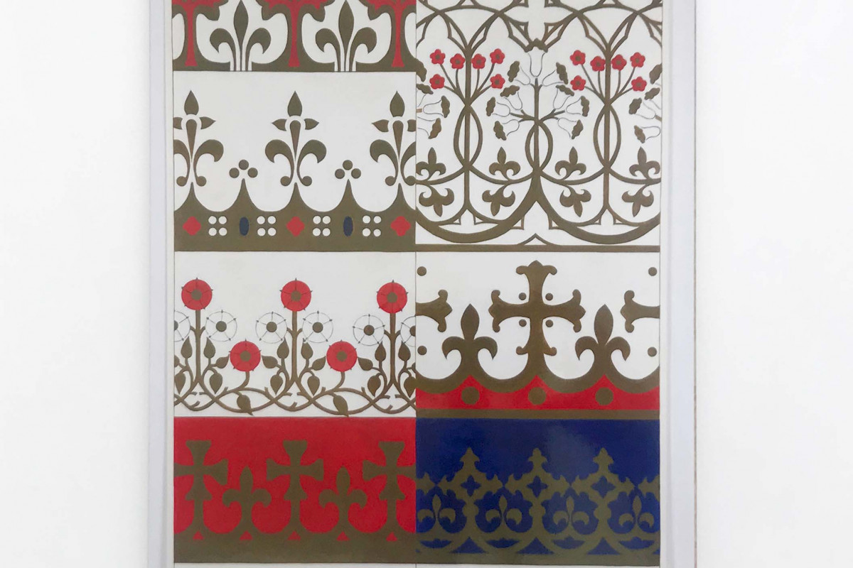 back page of lucy mckenzie'es book, red blue and gold pattern