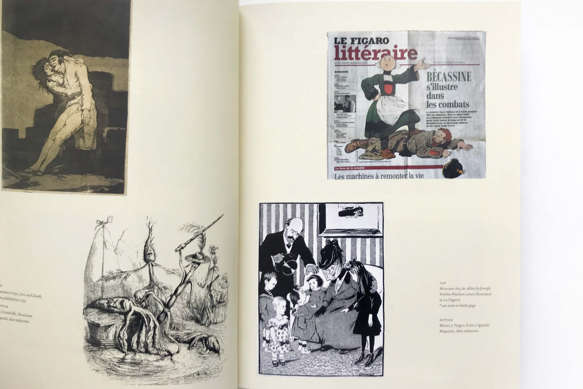 Inside look of page spread with four prints and drawings