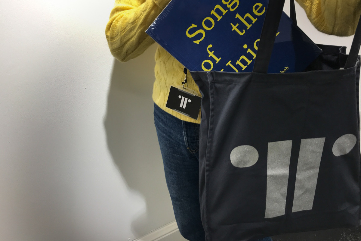 Closeup of person inserting book into grey tote bag