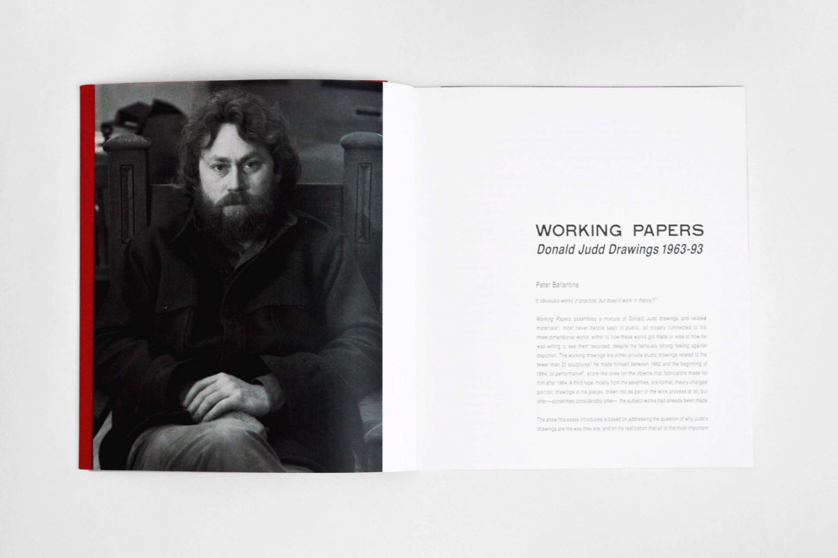 Page spread image of Donald Judd's book, portrait photograph and first page