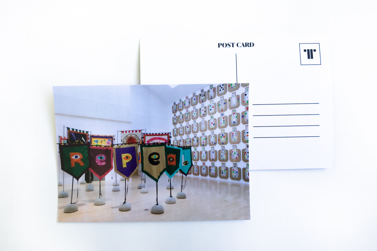 Image of 'Repeal the 8th' installation on postcard against white background