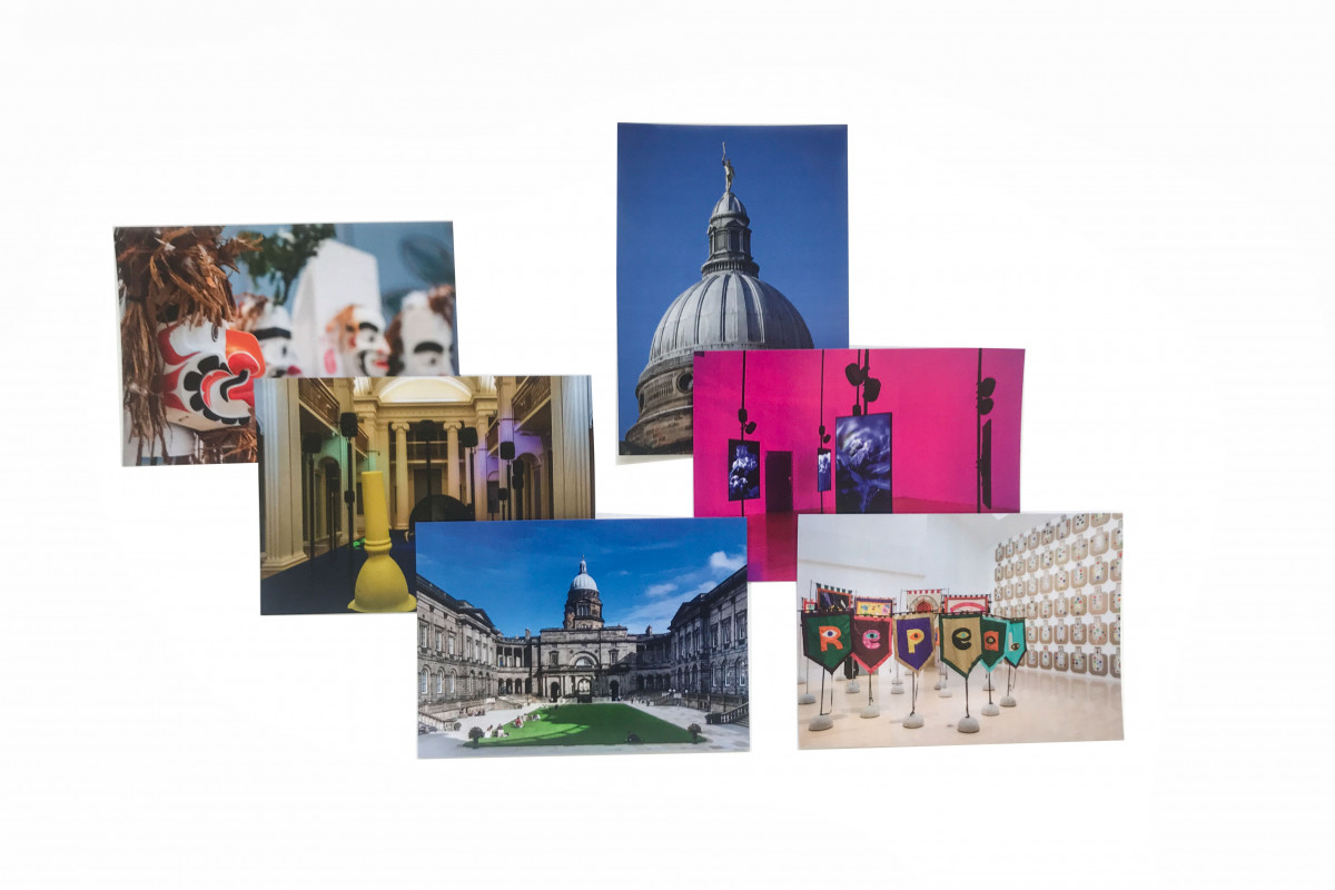 Six postcards with different images against white background