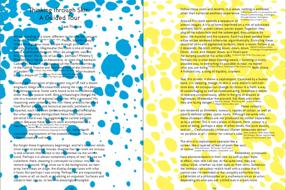 Page spread 'Thinking Through Skin', blue and yellow spotted background