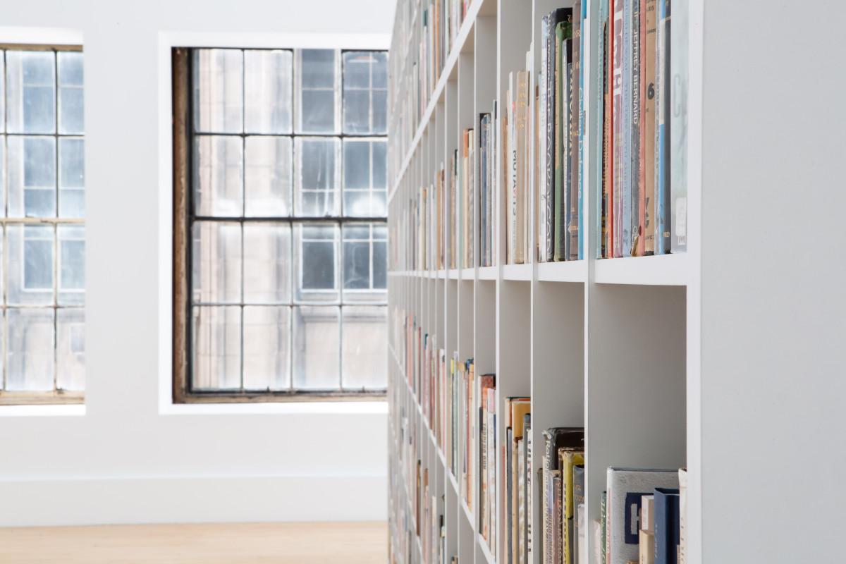 View of large white bookcase filled with books with background of two large windows.