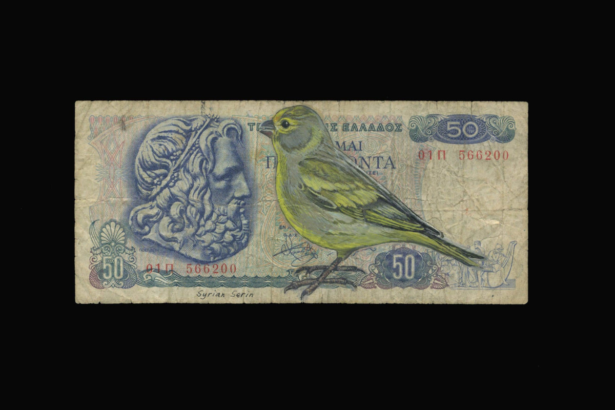 Greek money with bird painting