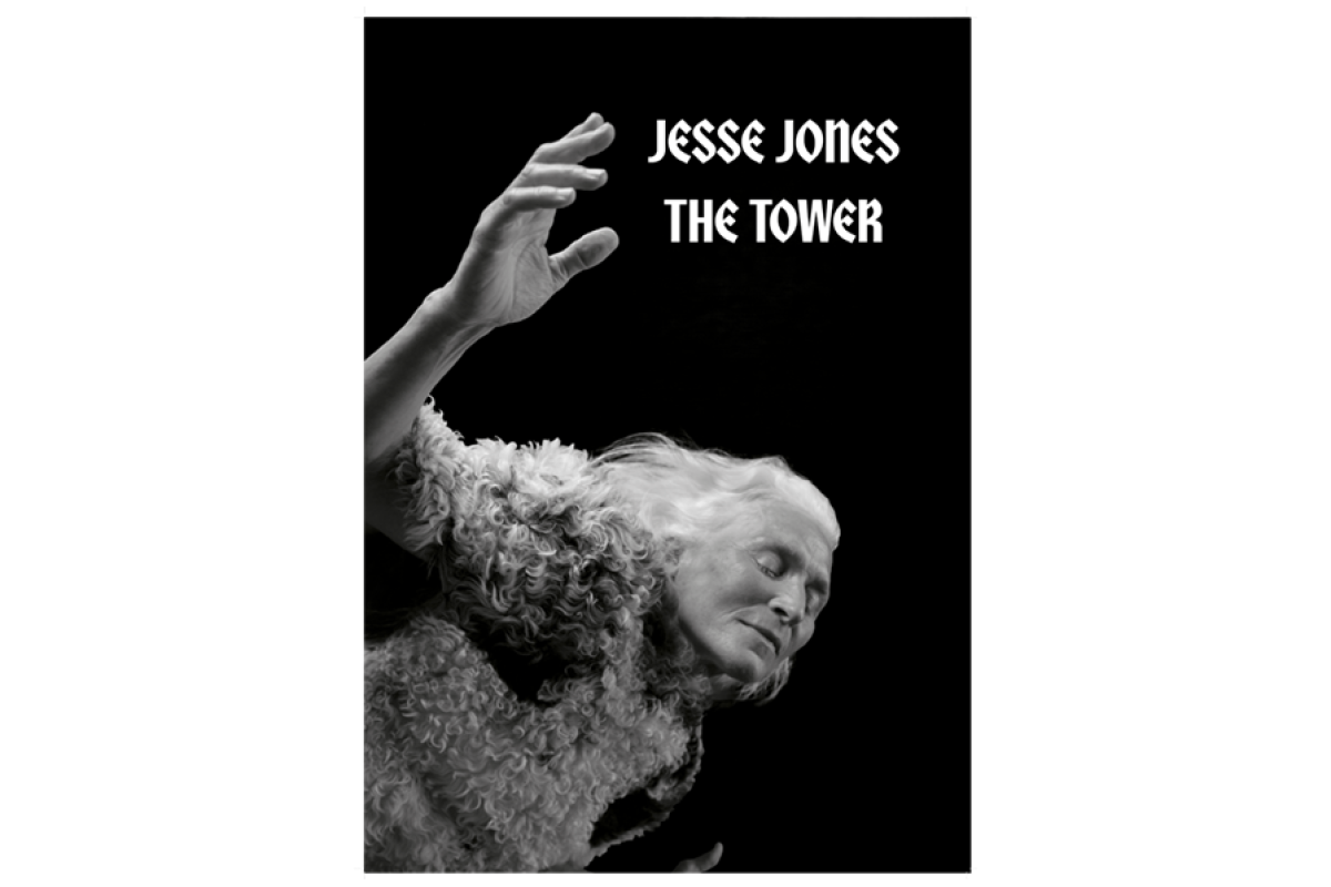 Black background with actor Olwen Fouere with her eyes closed, black and white with white text: Jesse Jones The Tower