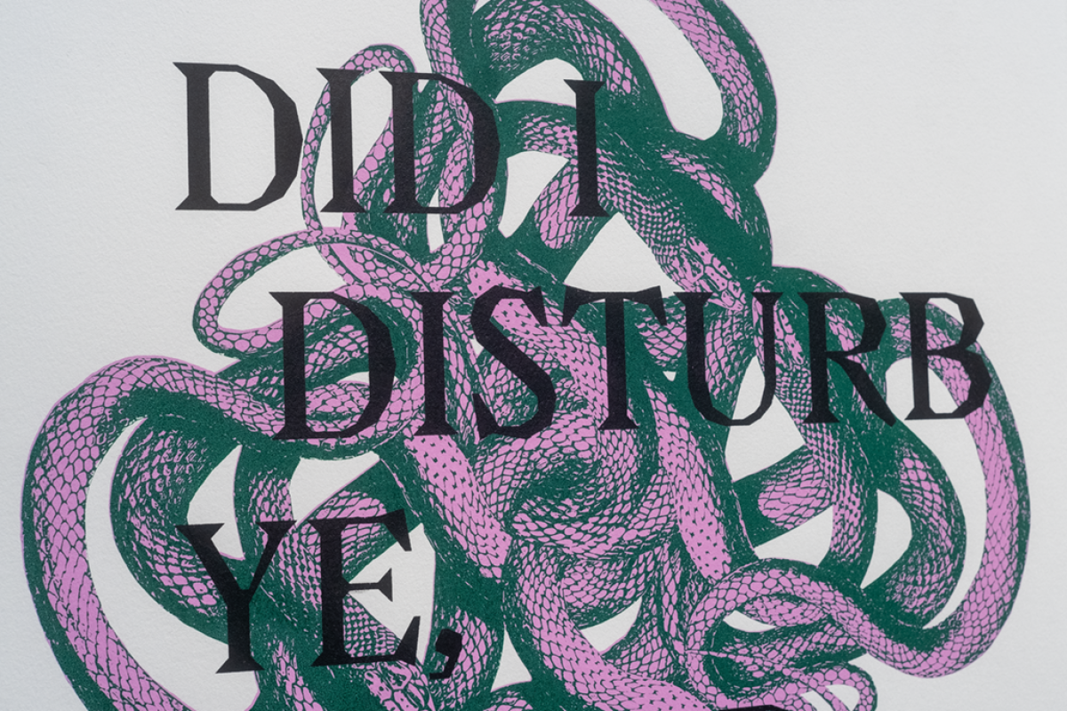 Detail of print with the words "Did I disturb ye" over a reptile-like shape in green and pink