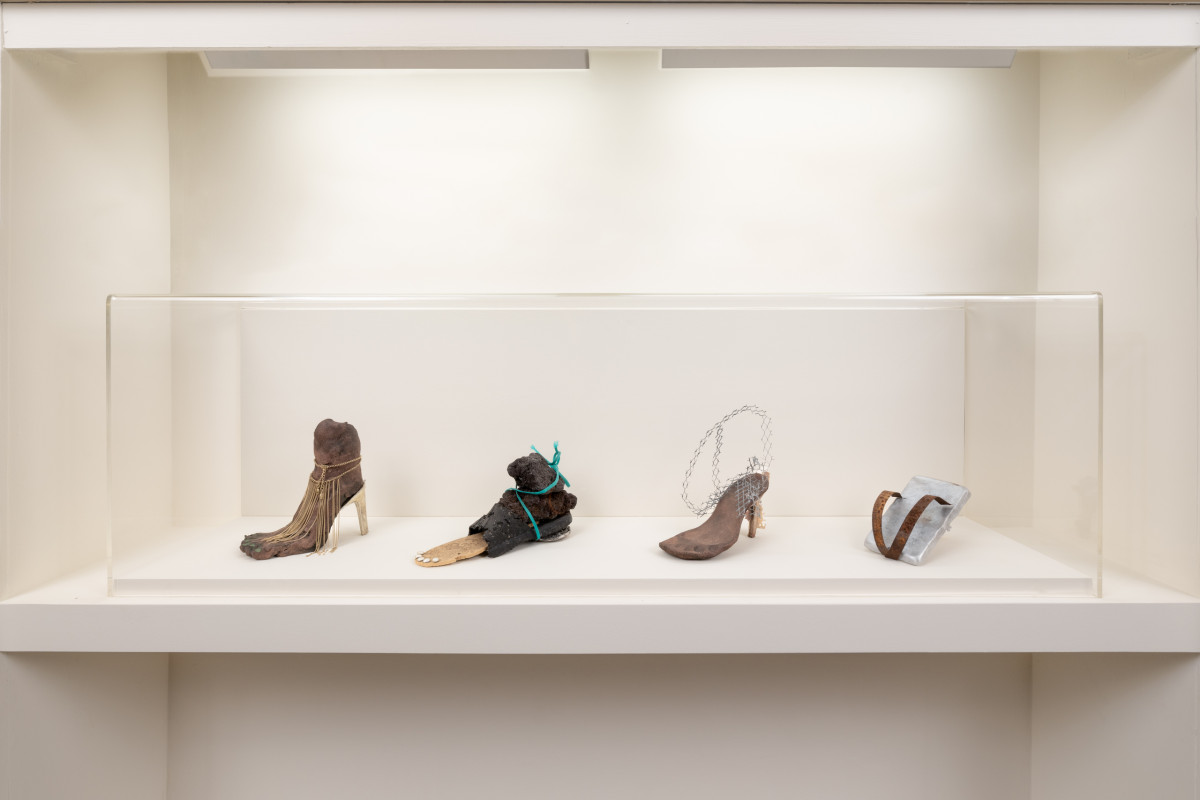 From left to right: Attitude (fringe), Attitude (rocks), Attitude (wired), Attitude (strapped), 2026. Exhibition view, Anne Hardy, Feelings, Talbot Rice Gallery, the University of Edinburgh. © Anne Hardy Photo: Angus Mill