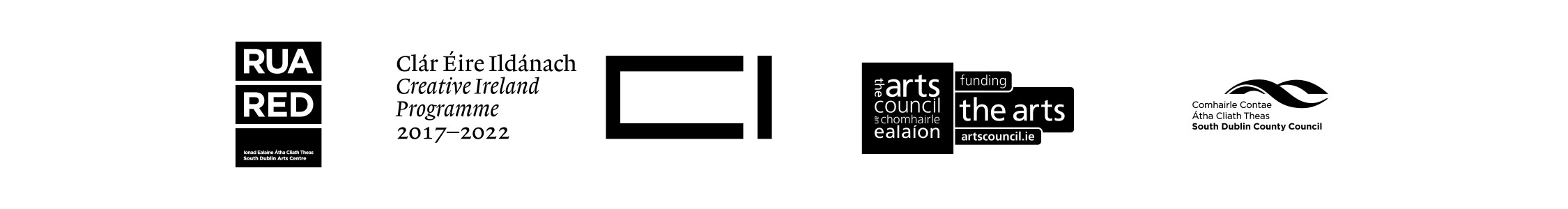Logo for Rua Red, Creative Ireland, The Arts Council of Ireland, South Dublin Arts Council