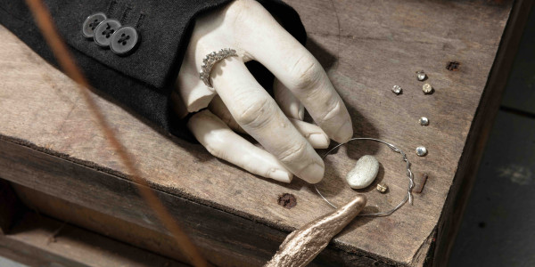 Anne Hardy  Detail of Being (Immaterial)  Artist’s clothes, rusted wire, shells, welded steel, jesmonite, jewellery,  cast concrete, bronze, pewter, white metal, dried plant, earth  2023-2024  © Anne Hardy. Courtesy Maureen Paley, London.