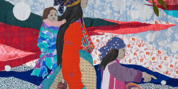 Małgorzata Mirga-Tas, Out of Egypt, 2024, textile and acrylic on canvas, 300 x 225 cm    ©Malgorzata Mirga-Tas. Photo: Bartek Solik. Collection Bonnefanten 