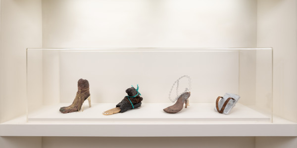 From left to right: Attitude (fringe), Attitude (rocks), Attitude (wired), Attitude (strapped), 2026. Exhibition view, Anne Hardy, Feelings, Talbot Rice Gallery, the University of Edinburgh. © Anne Hardy Photo: Angus Mill